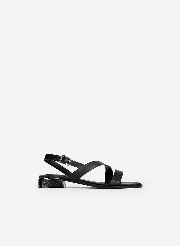 Giày sandal vân da kỳ đà gót trụ viền metallic - SDK 0323 - Màu đen