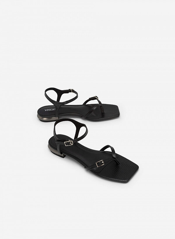 Giày sandal kẹp vân da kỳ đà quai phối khóa cài - SDK 0328 - Màu đen - VASCARA