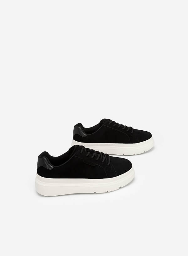 Giày sneaker nhung phối vân da kỳ đà đế cao - SNK 0048 - Màu đen - VASCARA