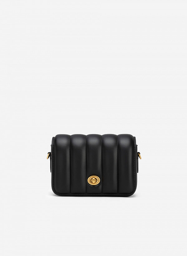 Túi đeo chéo nắp gập chần bông khóa xoay oval - SHO 0205 - Màu đen