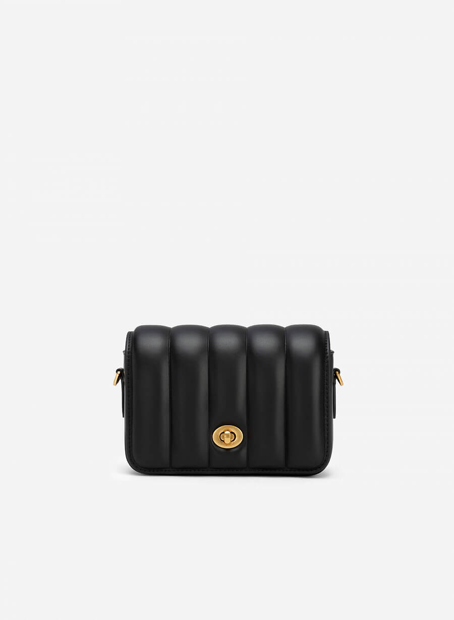 Túi đeo chéo nắp gập chần bông khóa xoay oval - SHO 0205 - Màu đen - VASCARA