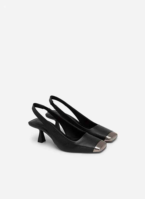 Giày Slingback Mũi Vuông Bọc Metallic - BMN 0555 - Màu Đen - VASCARA