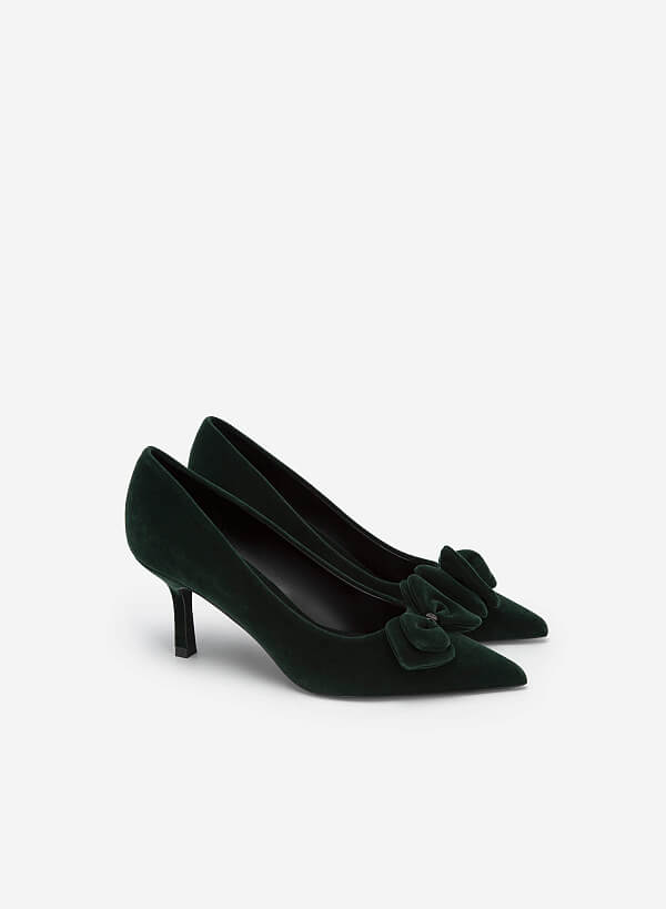 Giày Bít Mũi Nhọn Velvet Đính Nơ - BMN 0565 - Màu Xanh Rêu - VASCARA