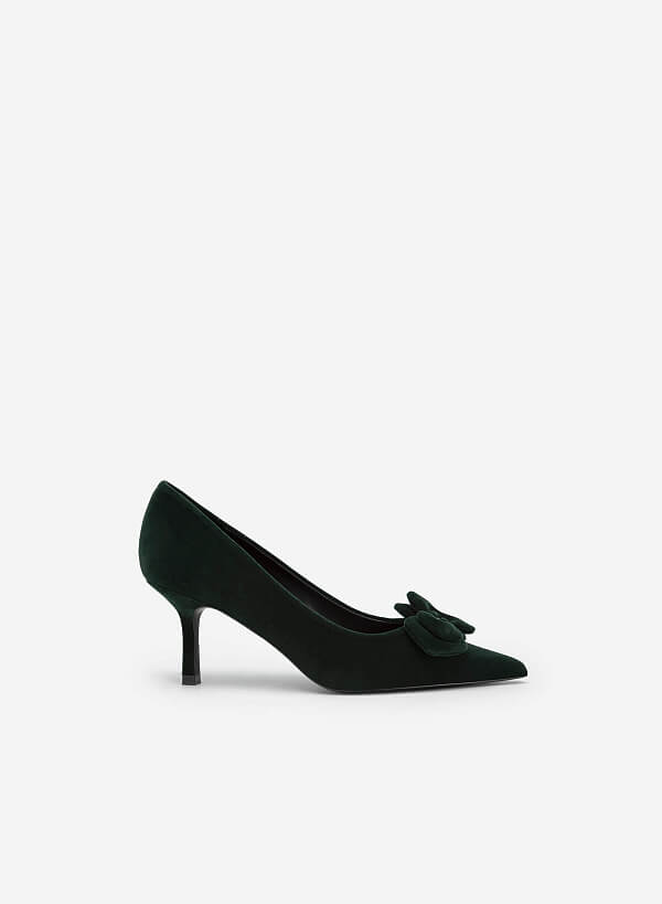 Giày Bít Mũi Nhọn Velvet Đính Nơ - BMN 0565 - Màu Xanh Rêu - VASCARA