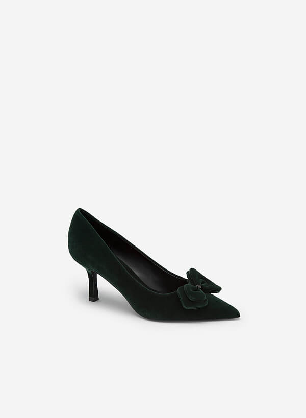 Giày Bít Mũi Nhọn Velvet Đính Nơ - BMN 0565 - Màu Xanh Rêu - VASCARA
