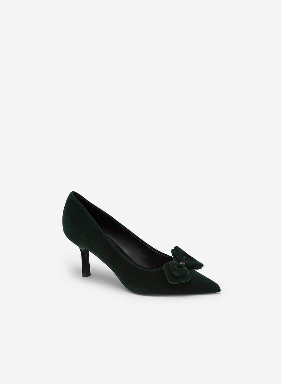 Giày bít mũi nhọn velvet đính nơ - BMN 0565 - Màu xanh rêu - vascara.com