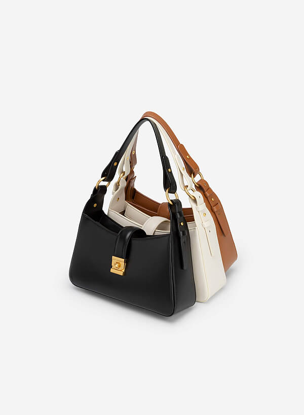 Túi hobo quai cài phối khóa gold - TOT 0091 - Màu đen - VASCARA