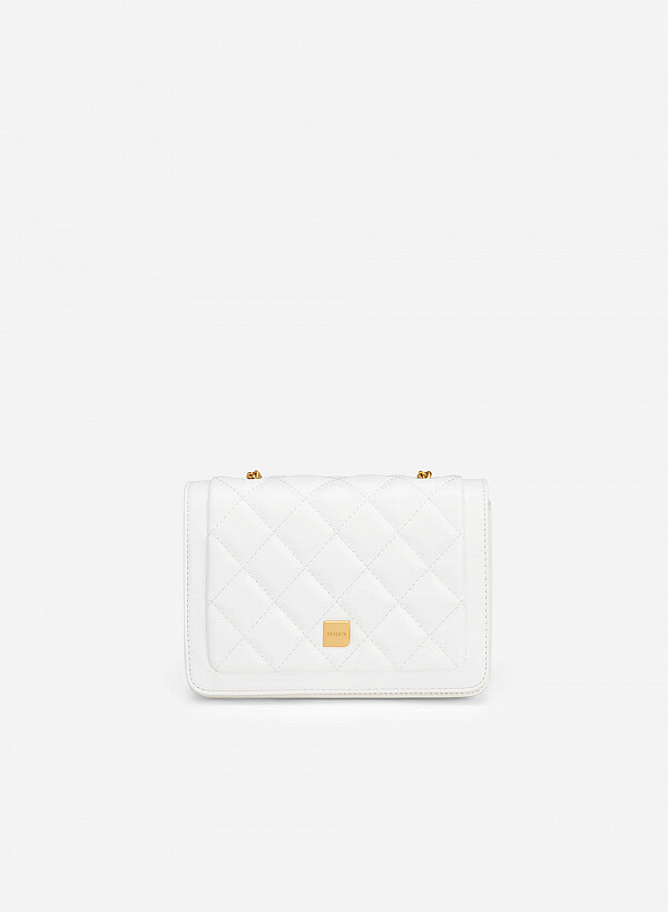 Túi đeo chéo họa tiết caro chần bông quai xích - SHO 0203 - Màu trắng