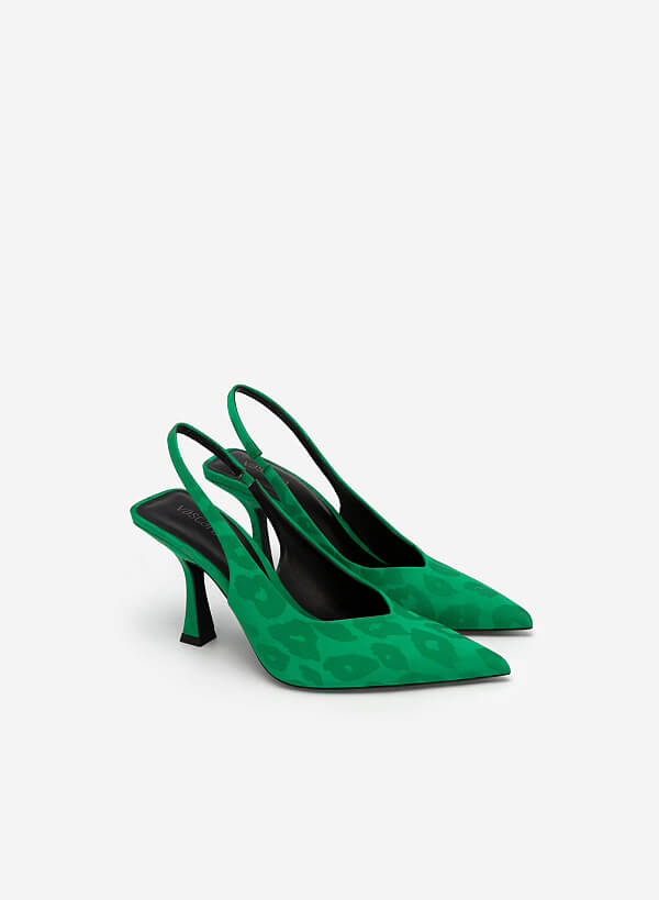 Giày Slingback Bít Mũi Nhọn Phối Vải Họa Tiết - BMN 0558 - Màu Xanh Lá - VASCARA