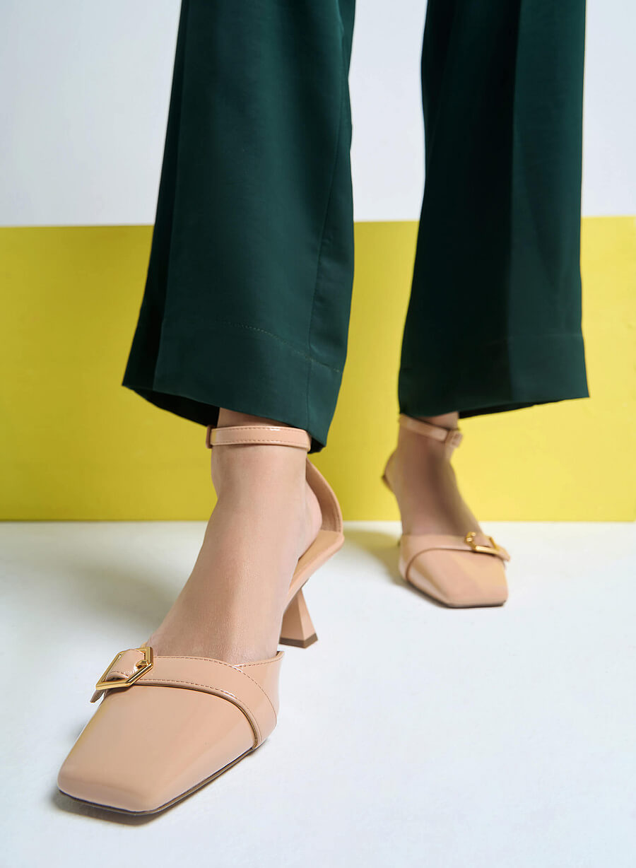 Giày bít mũi vuông ankle strap spool heel quai phối belt - BMN 0544 - Màu be - vascara.com