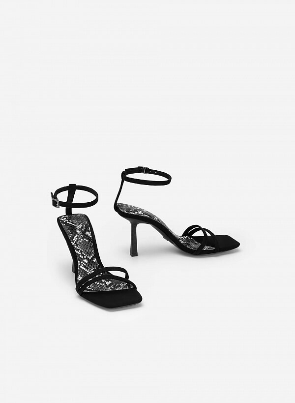 Giày sandal ankle strap phối vân da rắn quai đôi - SDN 0731 - Màu đen - VASCARA