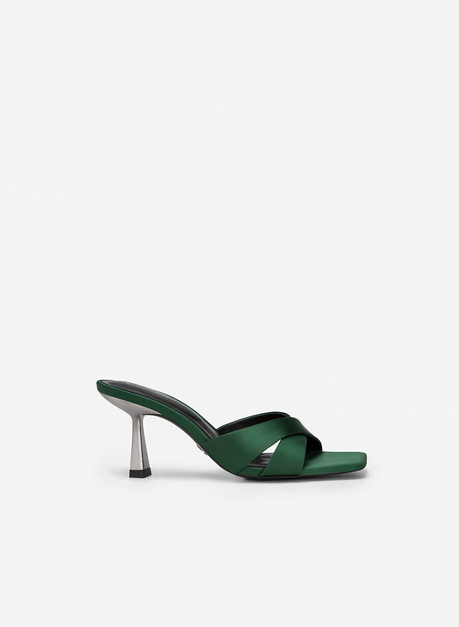 Guốc satin quai đan chéo spool heel - GNN 0181 - Màu xanh lá - vascara.com