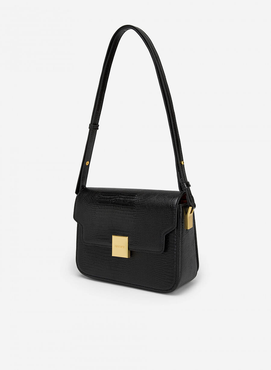 Túi đeo chéo vân da kỳ đà nắp gập khóa vuông - SHO 0206 - Màu đen - vascara.com