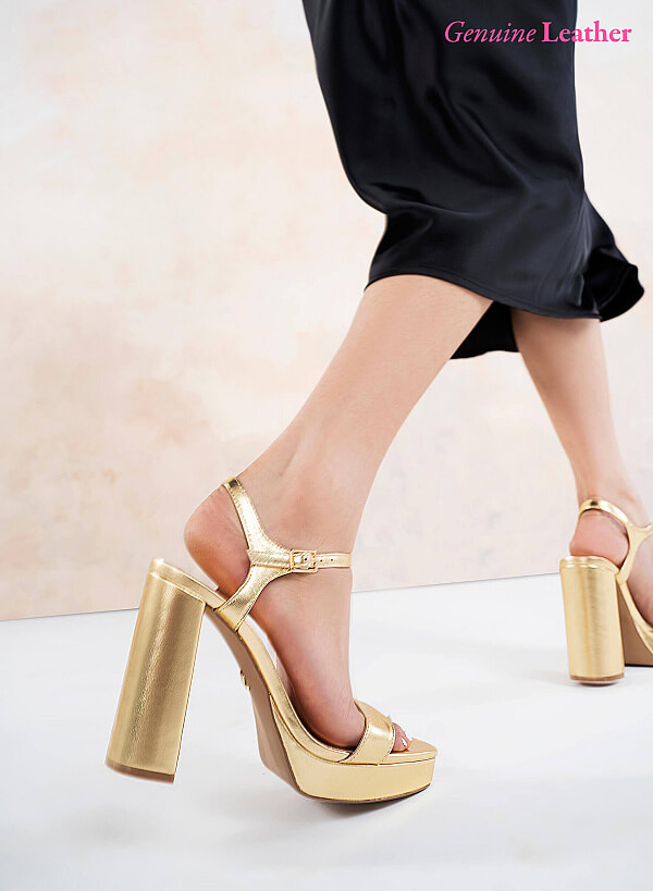Giày leather platform sandal metallic gót trụ - SDN 0726 - Màu vàng kim