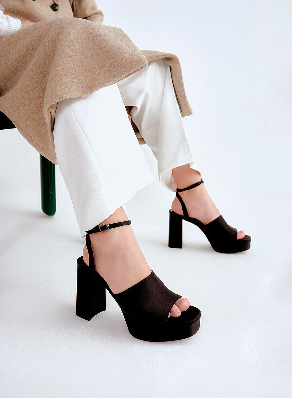 Giày platform sandal satin kiểu double ankle strap - SDN 0729 - Màu đen