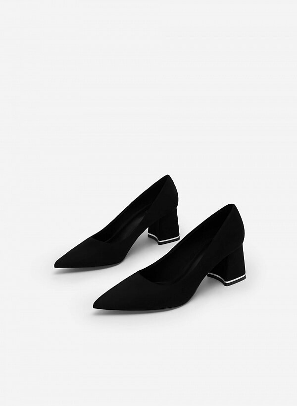 Giày bít mũi nhọn gót trụ phối viền tráng gương - BMN 0554 - Màu đen - VASCARA