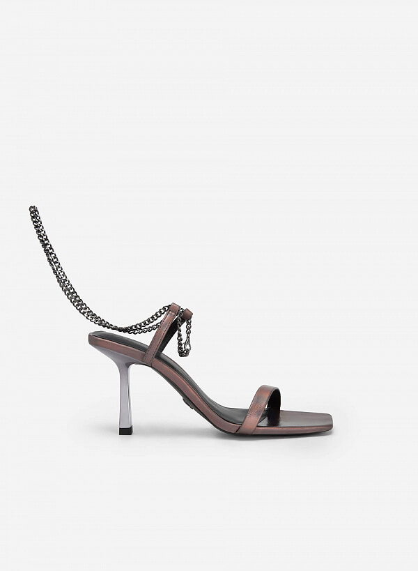 Giày Party Sandal Metallic Vân Da Phối Quai Anklet - SDN 0714 - Màu Xám Khói Đậm