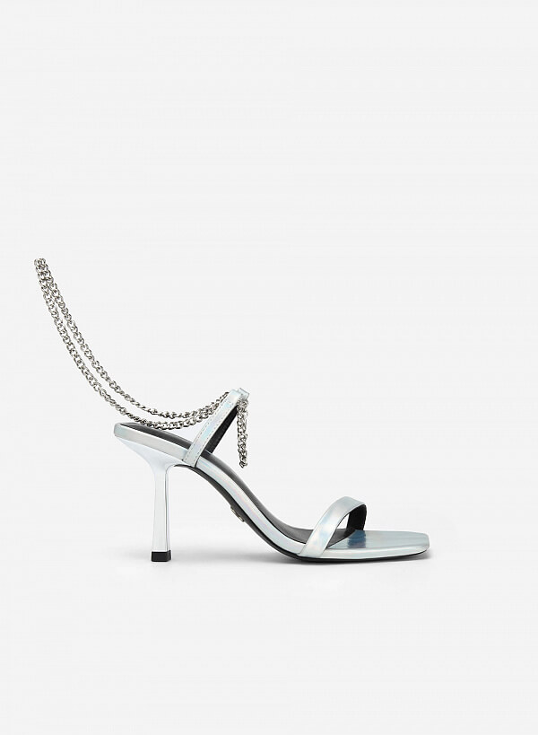 Giày party sandal metallic vân da phối quai anklet