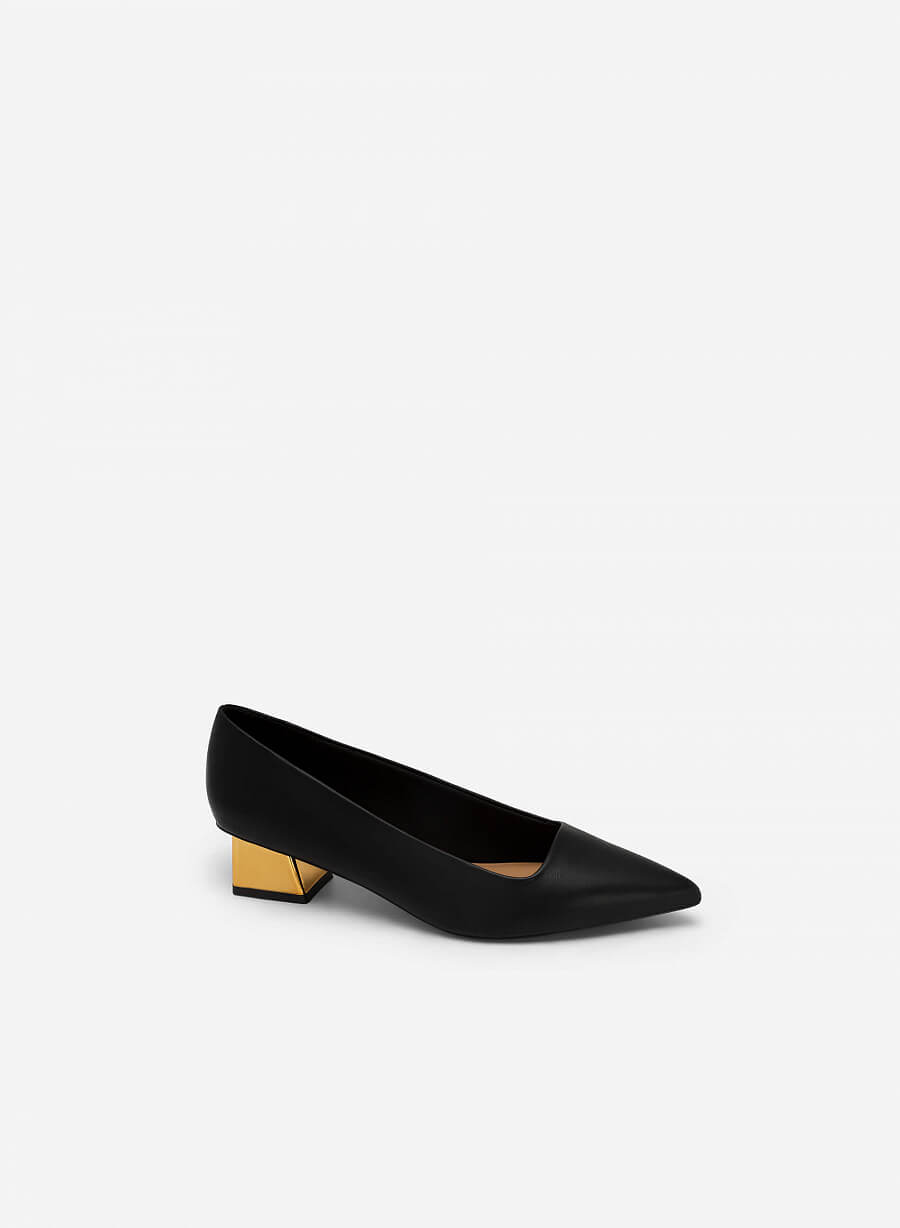 Giày bít mũi nhọn gót trụ màu gold tráng gương - BMN 0535 - Màu đen - vascara.com