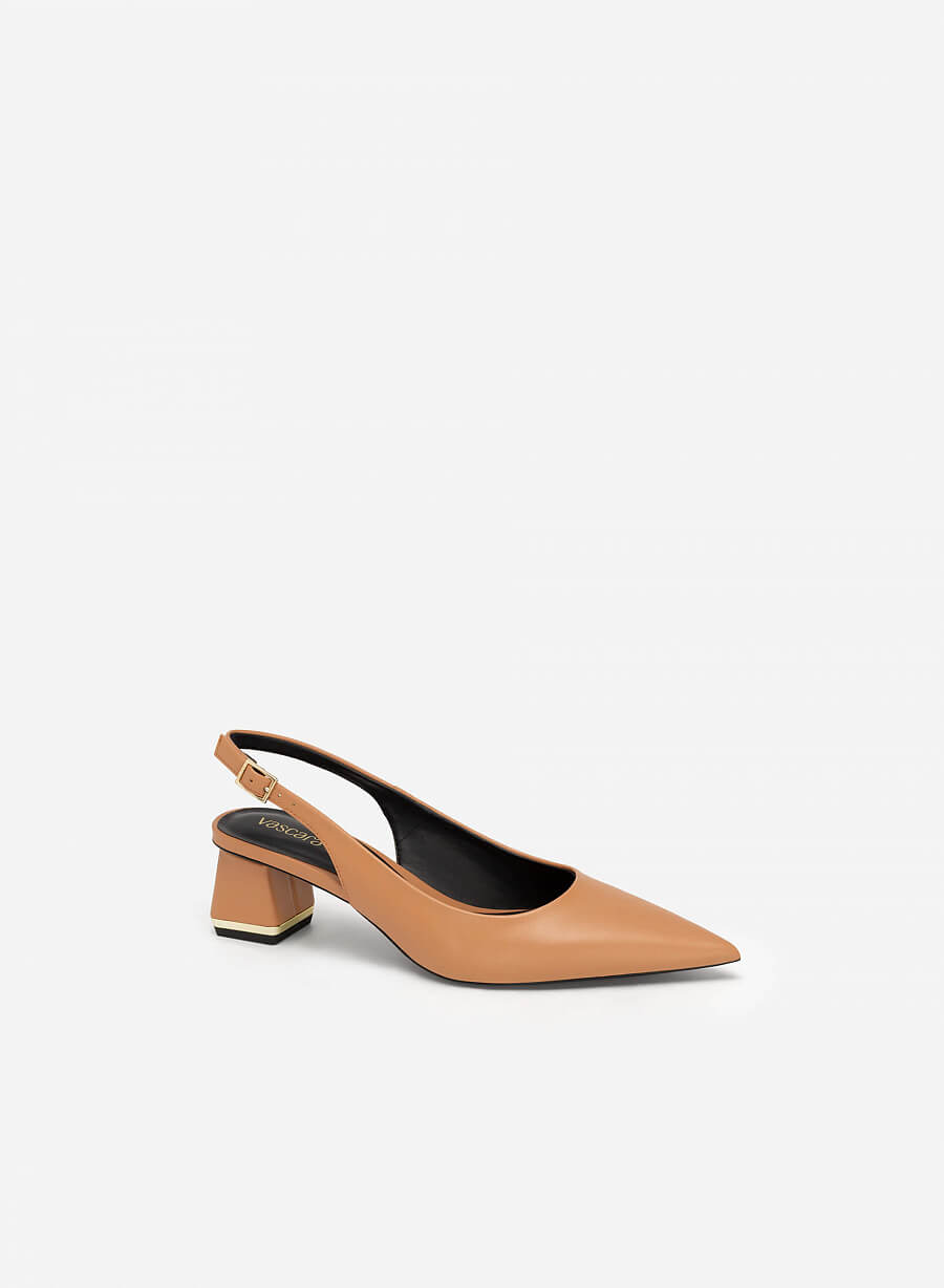 Giày slingback bít mũi nhọn gót trụ phối viền tráng gương - BMN 0546 - Màu be - vascara.com