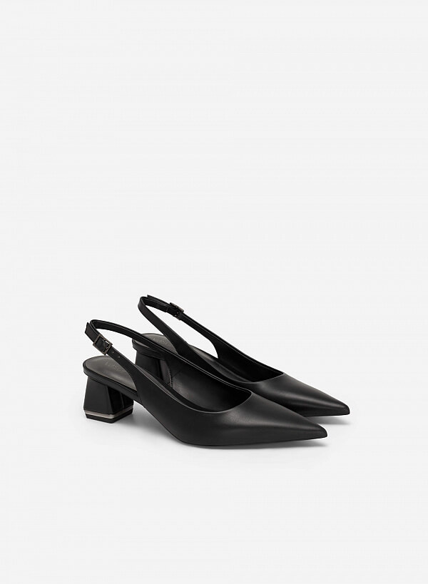 Giày Slingback Bít Mũi Nhọn Gót Trụ Phối Viền Tráng Gương - BMN 0546 - Màu Đen - VASCARA
