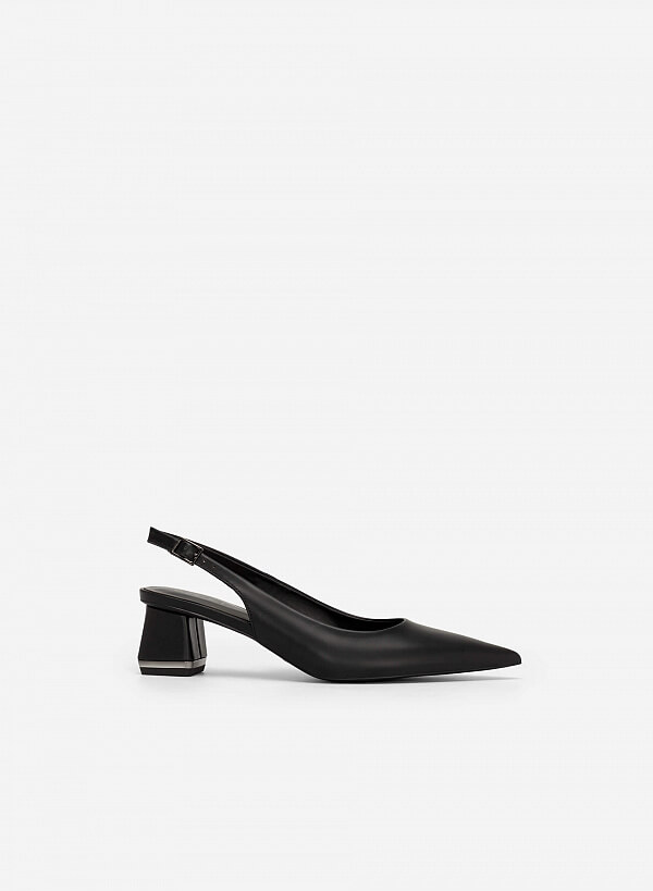 Giày Slingback Bít Mũi Nhọn Gót Trụ Phối Viền Tráng Gương - BMN 0546 - Màu Đen
