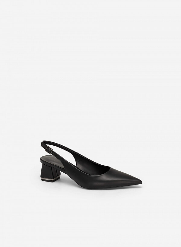 Giày Slingback Bít Mũi Nhọn Gót Trụ Phối Viền Tráng Gương - BMN 0546 - Màu Đen - VASCARA