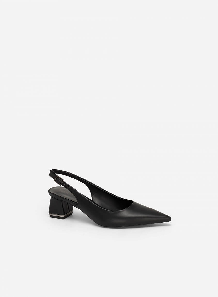 Giày slingback bít mũi nhọn gót trụ phối viền tráng gương - BMN 0546 - Màu đen - vascara.com