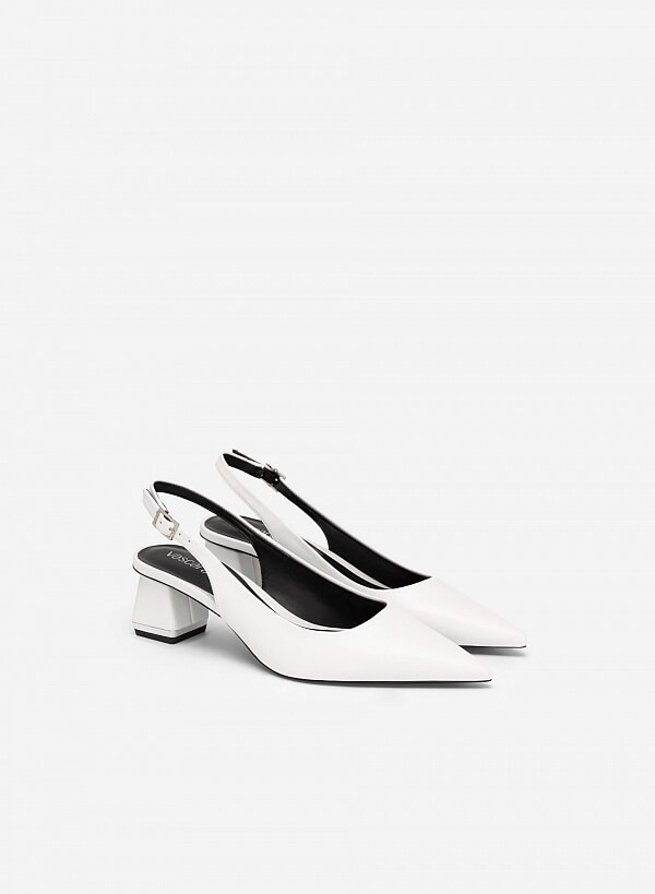 Giày Slingback Bít Mũi Nhọn Gót Trụ Phối Viền Tráng Gương - BMN 0546 - Màu Trắng - VASCARA