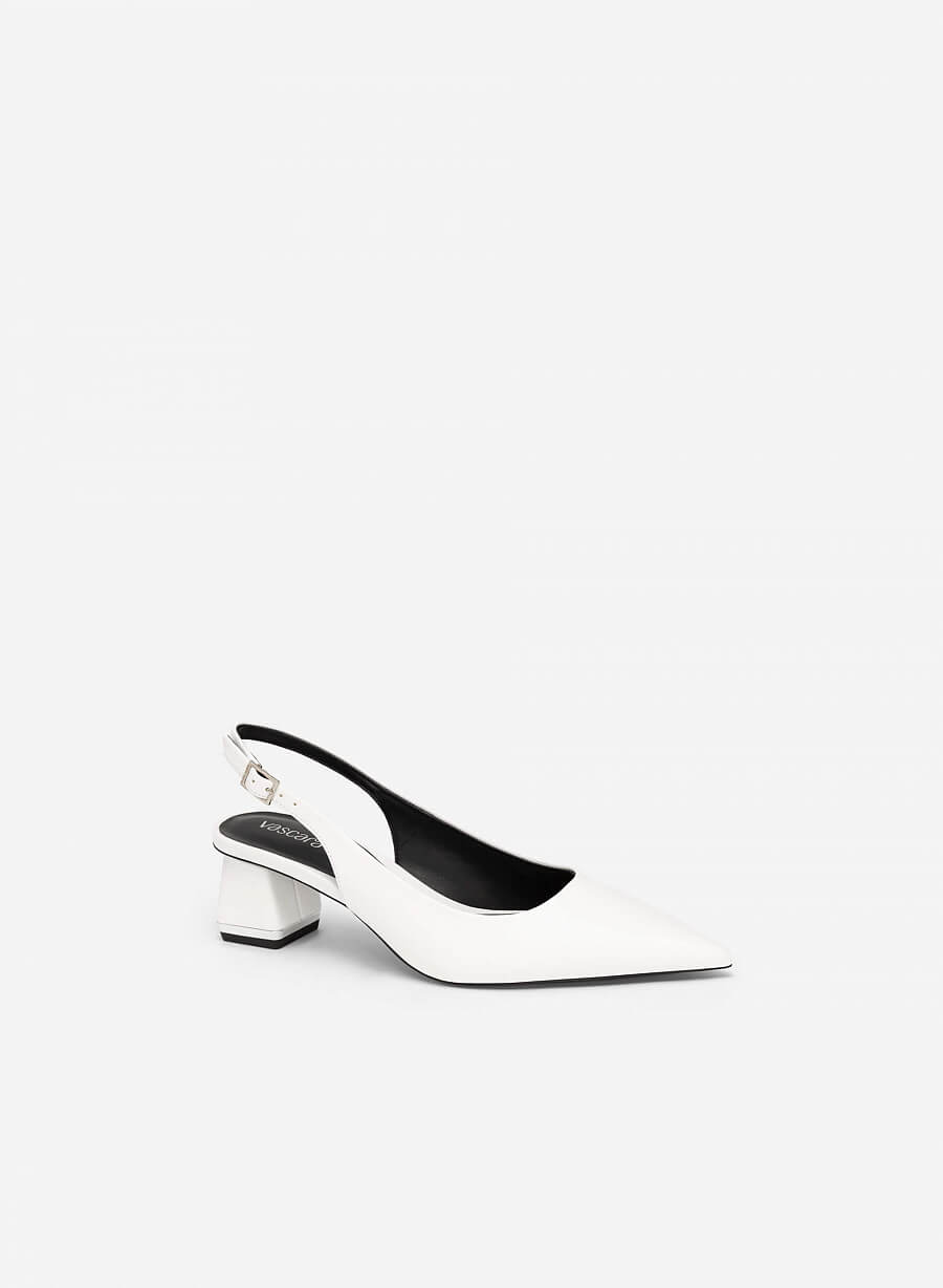 Giày slingback bít mũi nhọn gót trụ phối viền tráng gương - BMN 0546 - Màu trắng - vascara.com