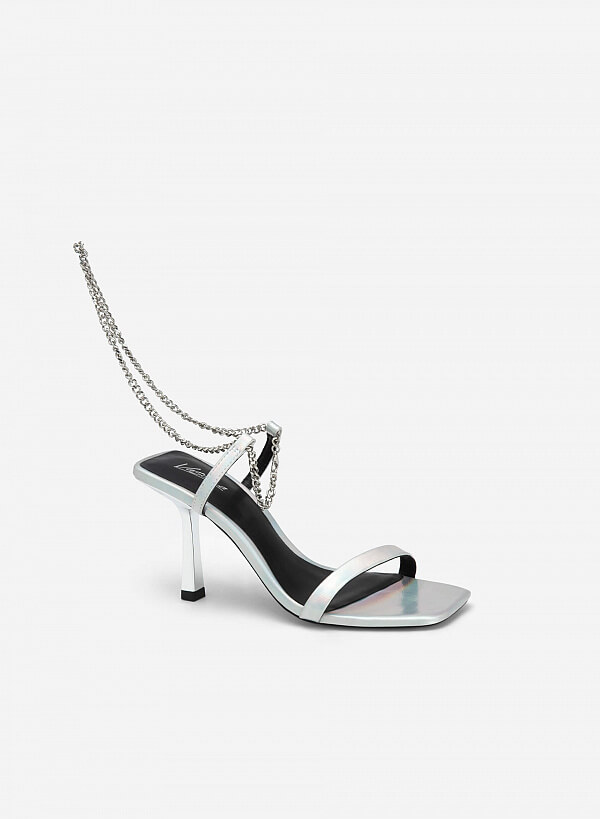 Giày party sandal metallic vân da phối quai anklet