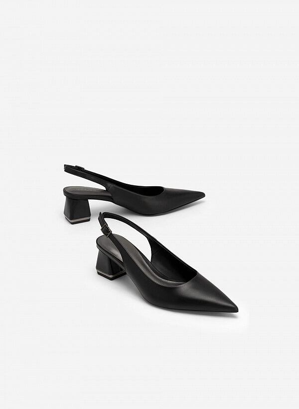 Giày Slingback Bít Mũi Nhọn Gót Trụ Phối Viền Tráng Gương - BMN 0546 - Màu Đen - VASCARA