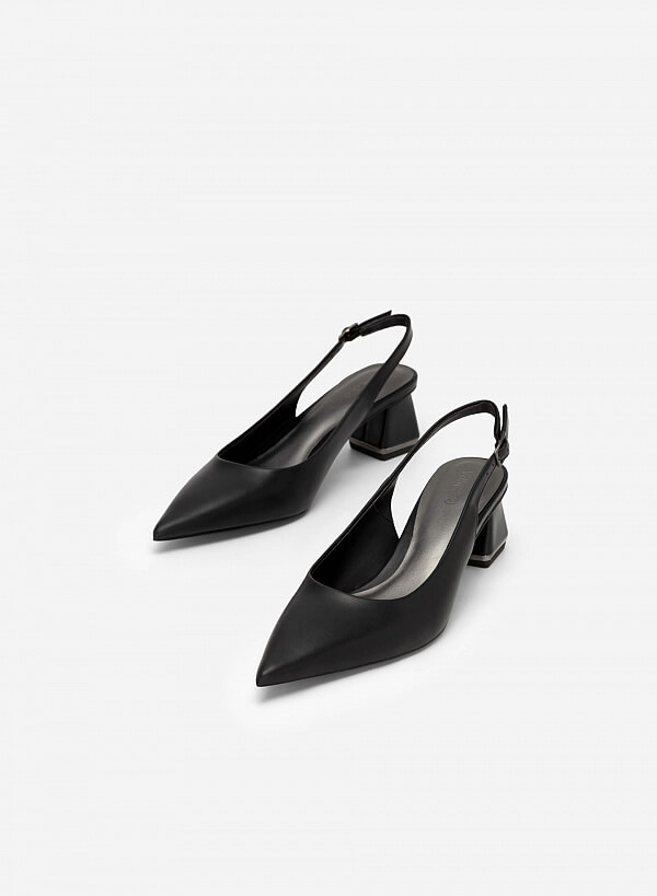 Giày Slingback Bít Mũi Nhọn Gót Trụ Phối Viền Tráng Gương - BMN 0546 - Màu Đen - VASCARA