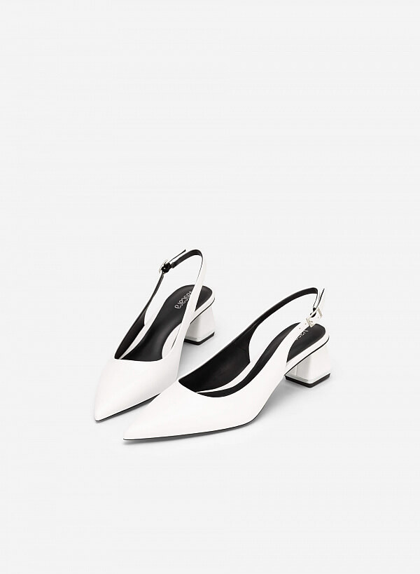 Giày Slingback Bít Mũi Nhọn Gót Trụ Phối Viền Tráng Gương - BMN 0546 - Màu Trắng - VASCARA