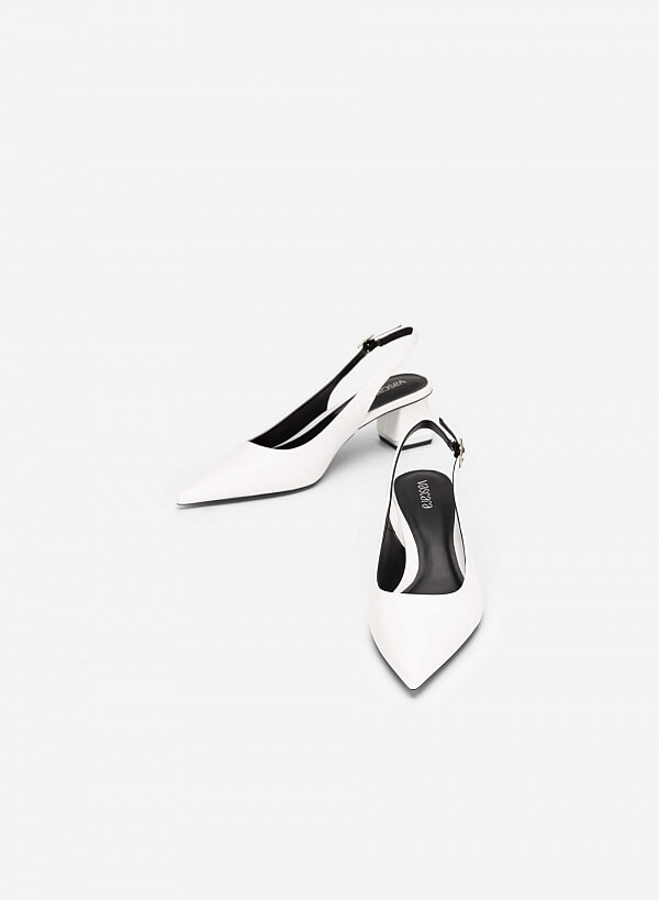 Giày Slingback Bít Mũi Nhọn Gót Trụ Phối Viền Tráng Gương - BMN 0546 - Màu Trắng - VASCARA