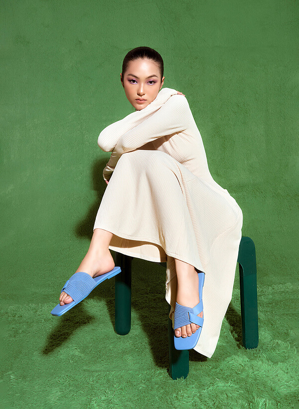 Dép Quai Ngang Đan Chéo Phối Vải Knit - DXP 0175 - Màu Xanh Da Trời