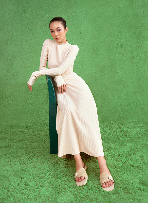 Dép Quai Ngang Đan Chéo Phối Vải Knit - DXP 0175 - Màu Kem - VASCARA