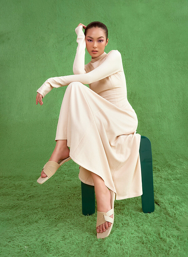 Dép Quai Ngang Đan Chéo Phối Vải Knit - DXP 0175 - Màu Kem - VASCARA