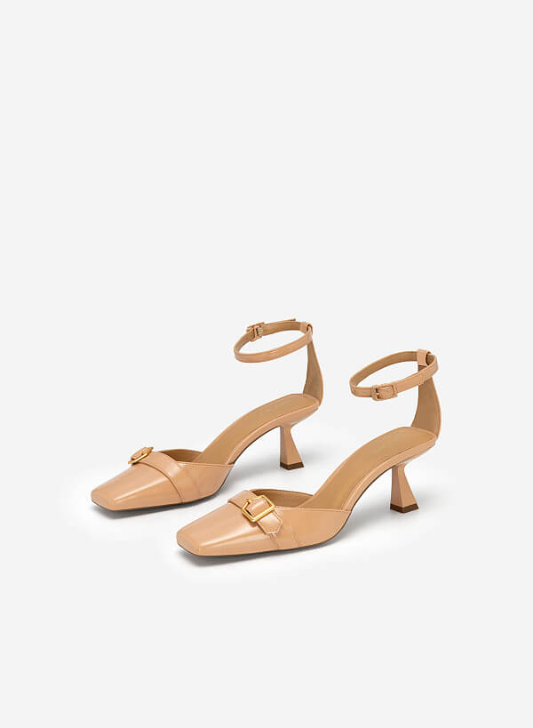 Giày Bít Mũi Vuông Ankle Strap Spool Heel Quai Phối Belt - BMN 0544 - Màu Be - VASCARA