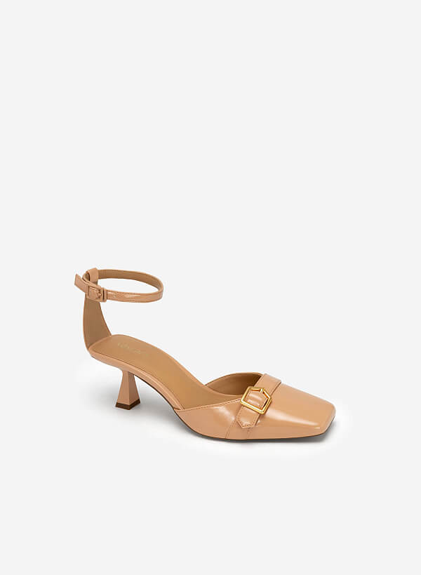 Giày Bít Mũi Vuông Ankle Strap Spool Heel Quai Phối Belt - BMN 0544 - Màu Be - VASCARA