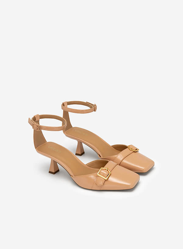Giày Bít Mũi Vuông Ankle Strap Spool Heel Quai Phối Belt - BMN 0544 - Màu Be - VASCARA