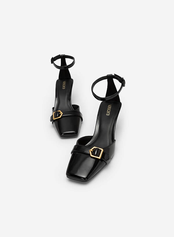 Giày bít mũi vuông ankle strap spool heel quai phối belt - BMN 0544 - Màu đen - VASCARA