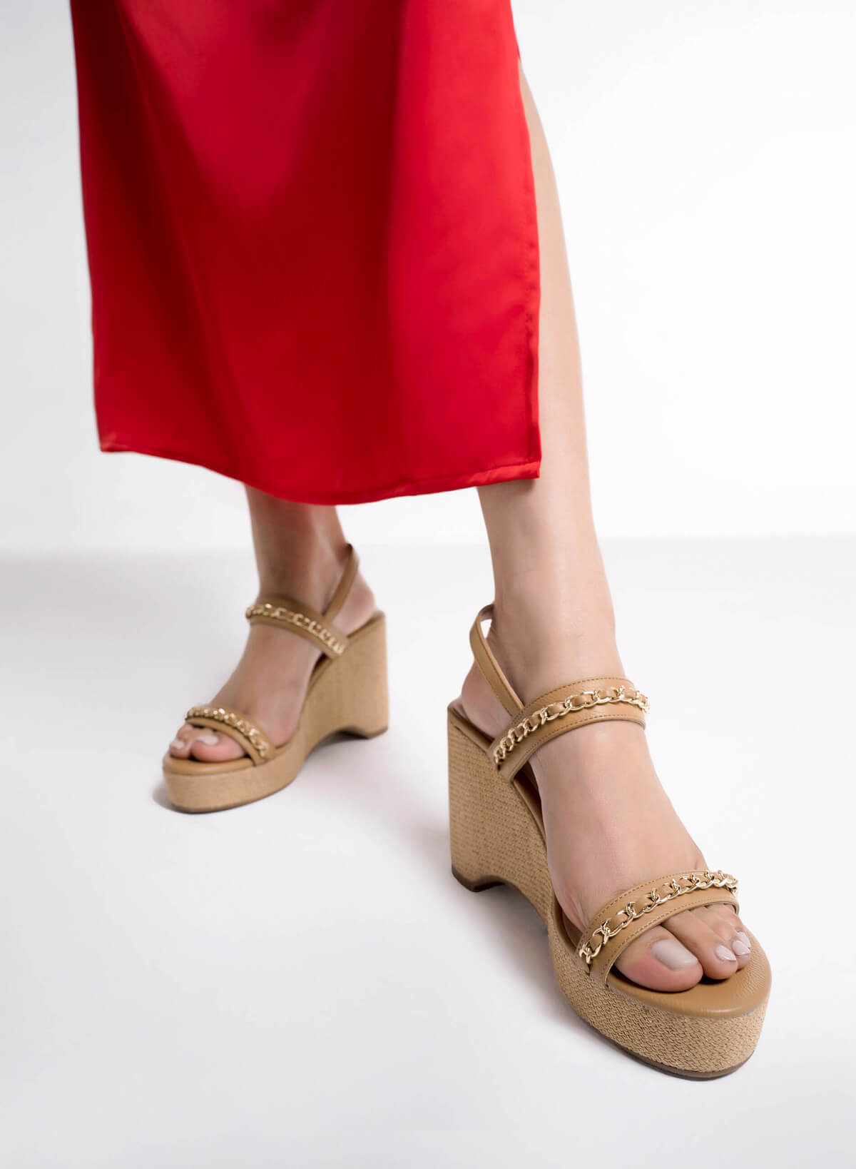 Chain Decor Front Strap Wedge Sandals - PLA 0437 - Light Brown - vascara.com