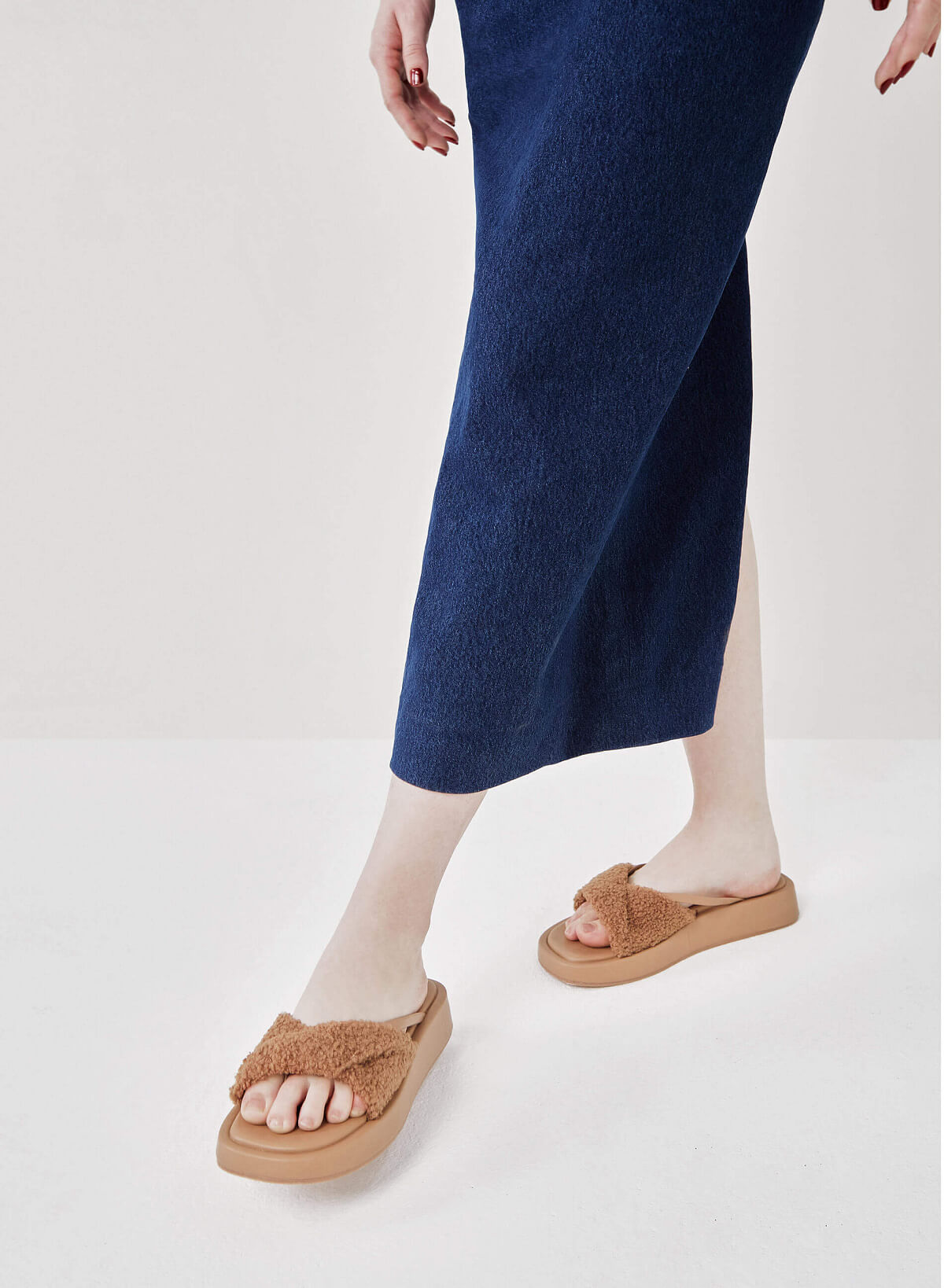 Faux Fur Strap Flip Flops - FLI 0188 - Dark Beige - vascara.com