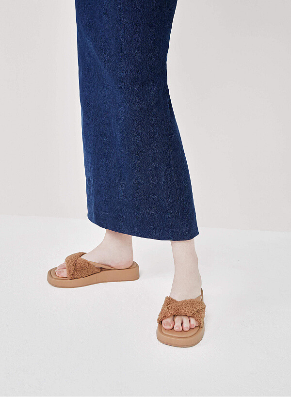 Faux Fur Strap Flip Flops - FLI 0188 - Dark Beige - VASCARA