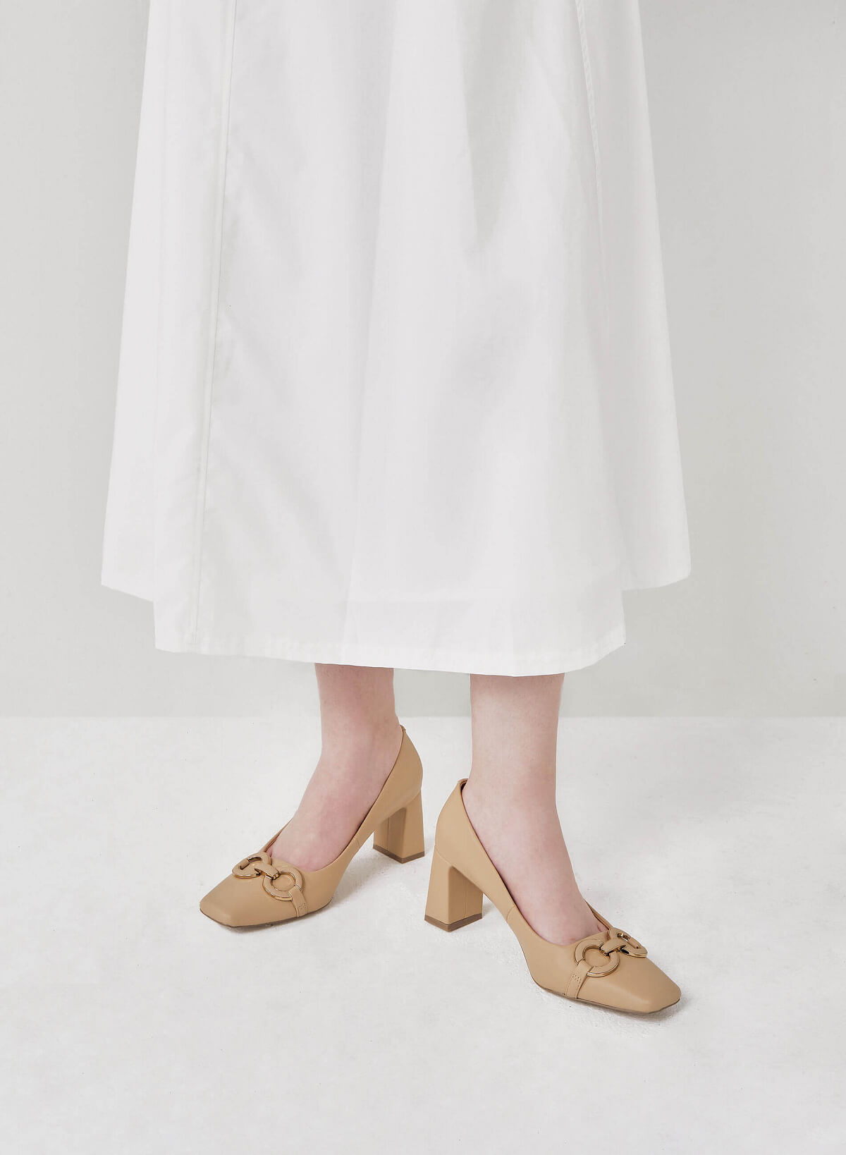 Gold Buckle Heel Square Toe Shoes - HIG 0562 - Beige - vascara.com