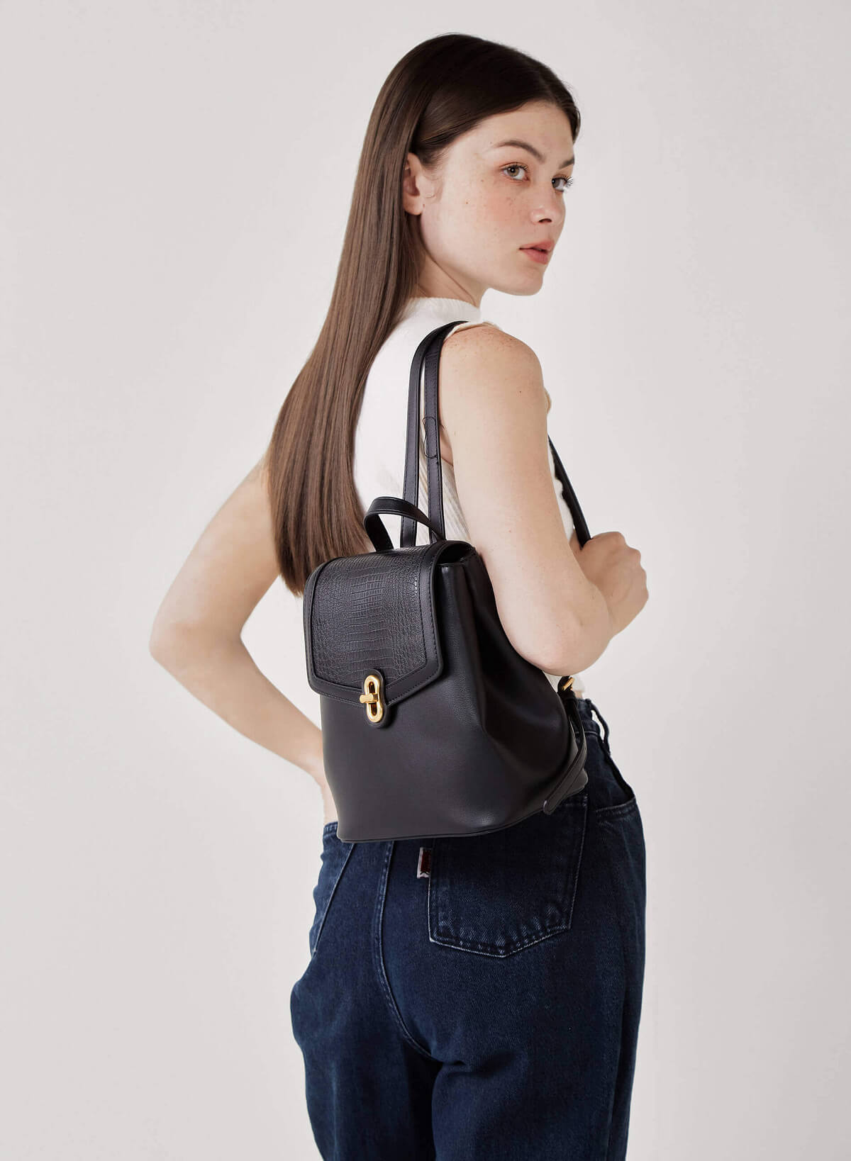 Gold Lock Lizard-Effect Flap Backpack - BAK 0176 - Black - vascara.com