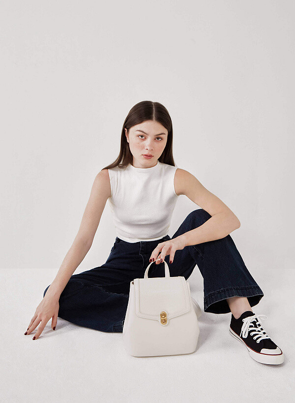 Gold Lock Lizard-Effect Flap Backpack - BAK 0176 - Cream - VASCARA