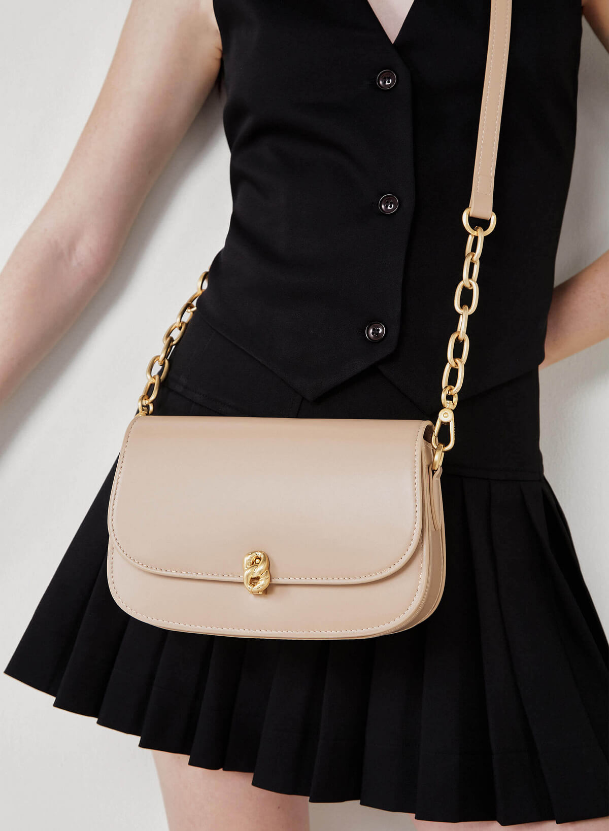Metal Lock Décor Flap Crossbody Bag - MES 0212 - Beige - vascara.com
