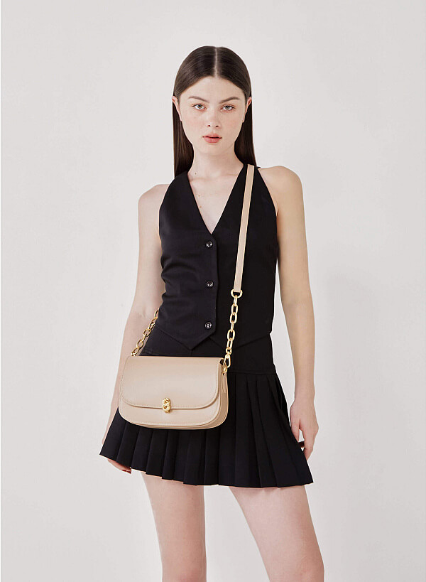 Metal Lock Décor Flap Crossbody Bag - MES 0212 - Beige - VASCARA